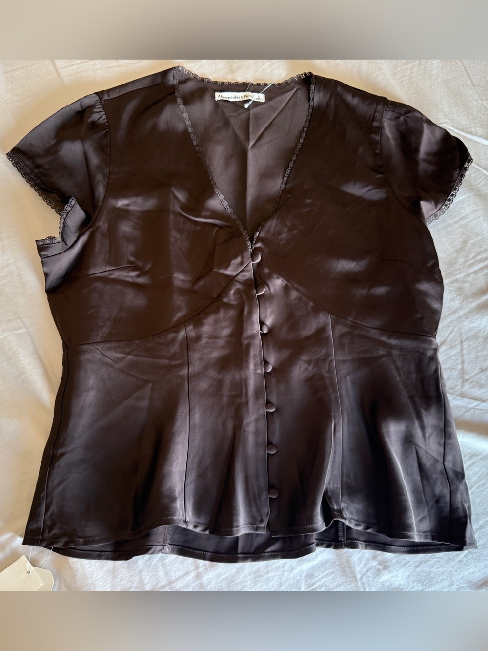 Abercrombie & Fitch Women’s Satin Blouse Top Shirt Short Sleeve Button Front L